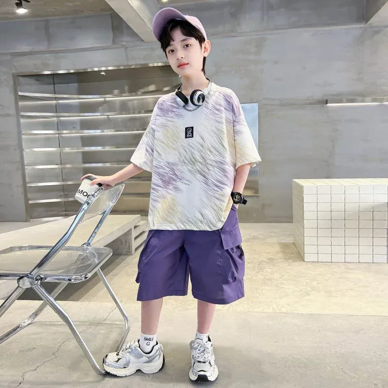 Hip Hop Children Cotton Solid Sportswear Kid Boys Clothing Set Boys Summer Suit Teen Boys Short Sleeve + Pants 2piece  loose
