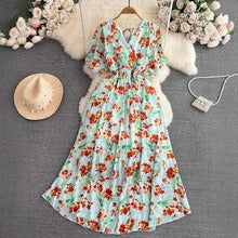 Cross-border summer gentle style short-sleeved V-neck waist-cinching A-line floral chiffon dress for beach vacation with a long skirt