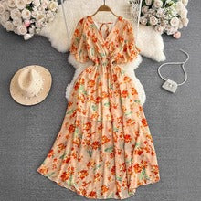 Cross-border summer gentle style short-sleeved V-neck waist-cinching A-line floral chiffon dress for beach vacation with a long skirt