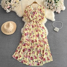 Cross-border summer gentle style short-sleeved V-neck waist-cinching A-line floral chiffon dress for beach vacation with a long skirt