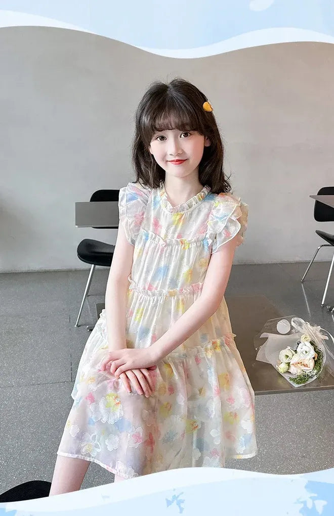 Summer girl's dress new style children's Western style floral chiffon princess dress printed baby's park play skirt