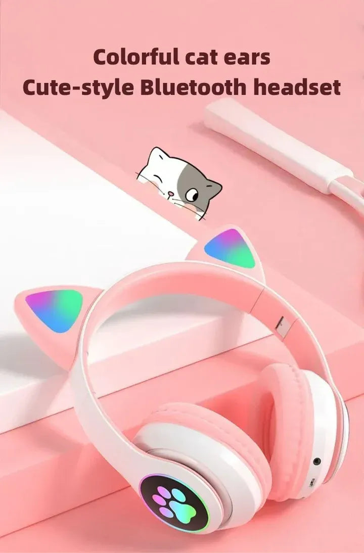 Wireless Headphone Flash Light Cute Cat Bluetooth with Mic Control LED Stereo Music Helmet Phone Bluetooth Headset Gift