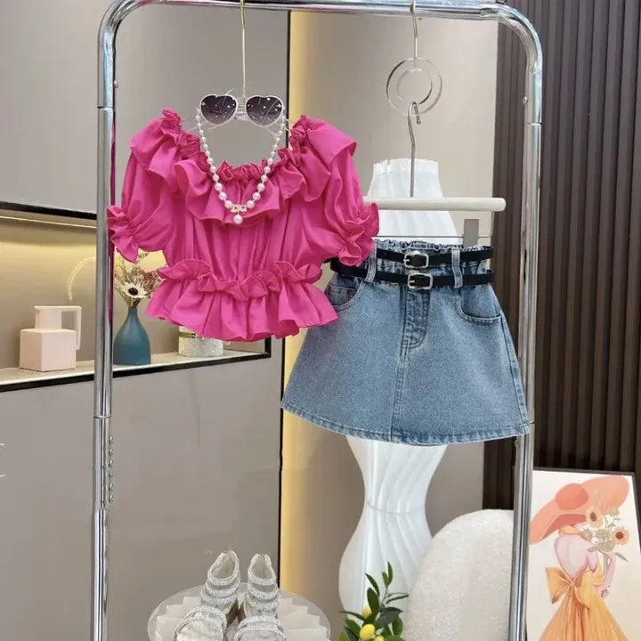 Girl's Clothing Sets Fashion Ruffled Top Short Sleeved T-shirt+ Baby Kids Denim Half Skirt Two-piece Set with Belt Included