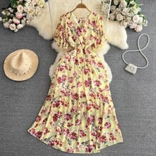 Cross-border summer gentle style short-sleeved V-neck waist-cinching A-line floral chiffon dress for beach vacation with a long skirt