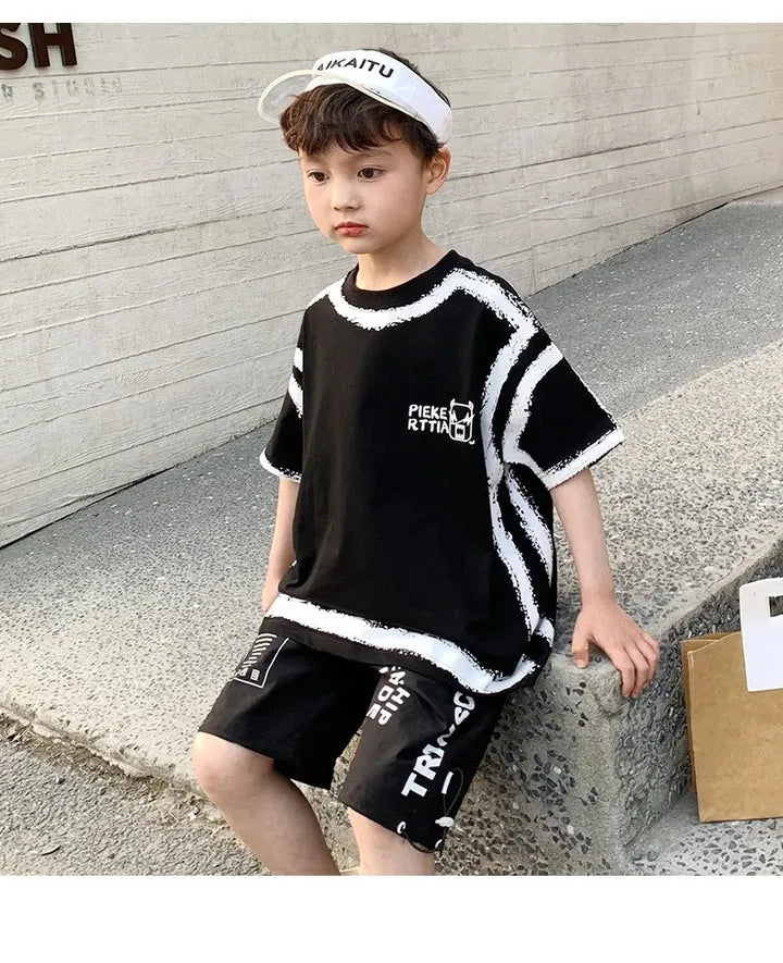 Summer Casual Boys Cotton Contrast Alphabet Graffiti t-Shirt Top+Shorts Pant Set School Kids Tracksuit Child 2PCS Outfit 5-14 Yr