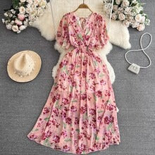 Cross-border summer gentle style short-sleeved V-neck waist-cinching A-line floral chiffon dress for beach vacation with a long skirt