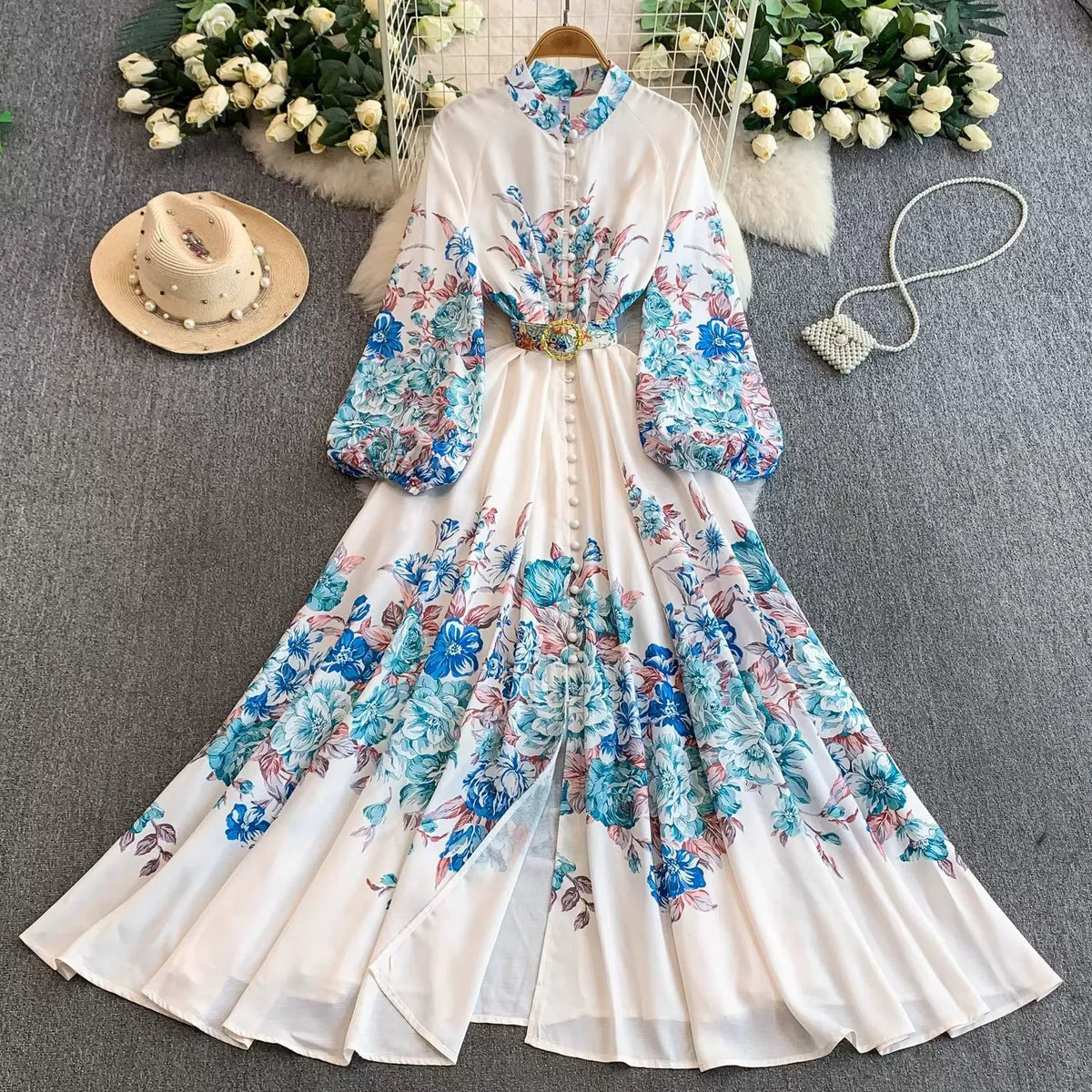 European and American court style retro print stand collar lantern sleeve dress women's spring and autumn button-down waist fitted long skirt elegant long dress