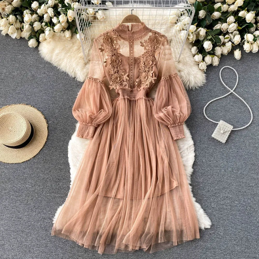 Lace floral mesh dress, elegant stand collar, lantern sleeves