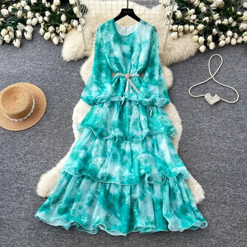 French romantic style purple floral spring print dress for women