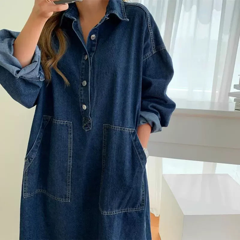 New Korean Retro Denim Loose Plus Size Relaxed Chic and Youthful Lapel Slit Workwear Dress