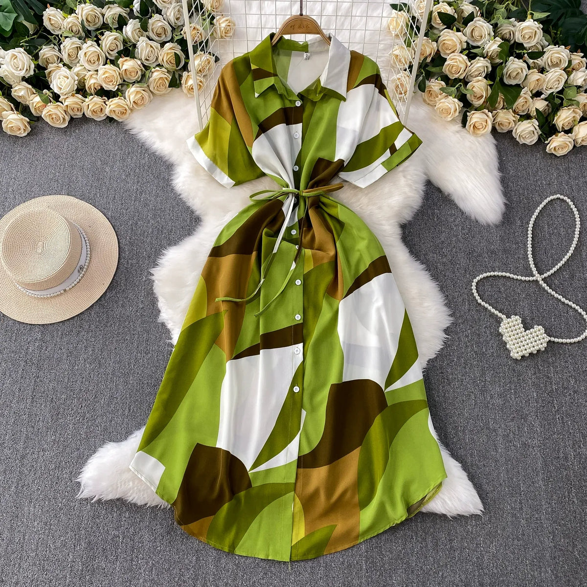 French-style printed collared shirt dress for women, summer vacation style