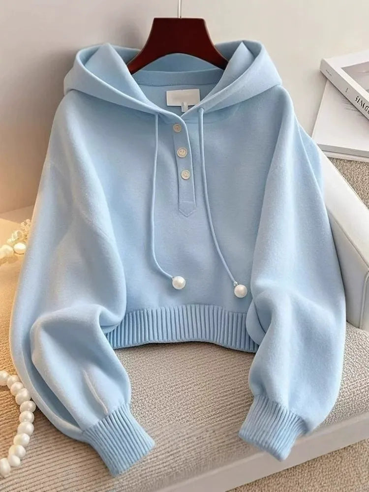 Unique and Chic Blue Hooded Drawstring Knit Sweatshirt, Autumn Korean Style, Lazy Fashion, Stylish and Comfortable Base Shirt