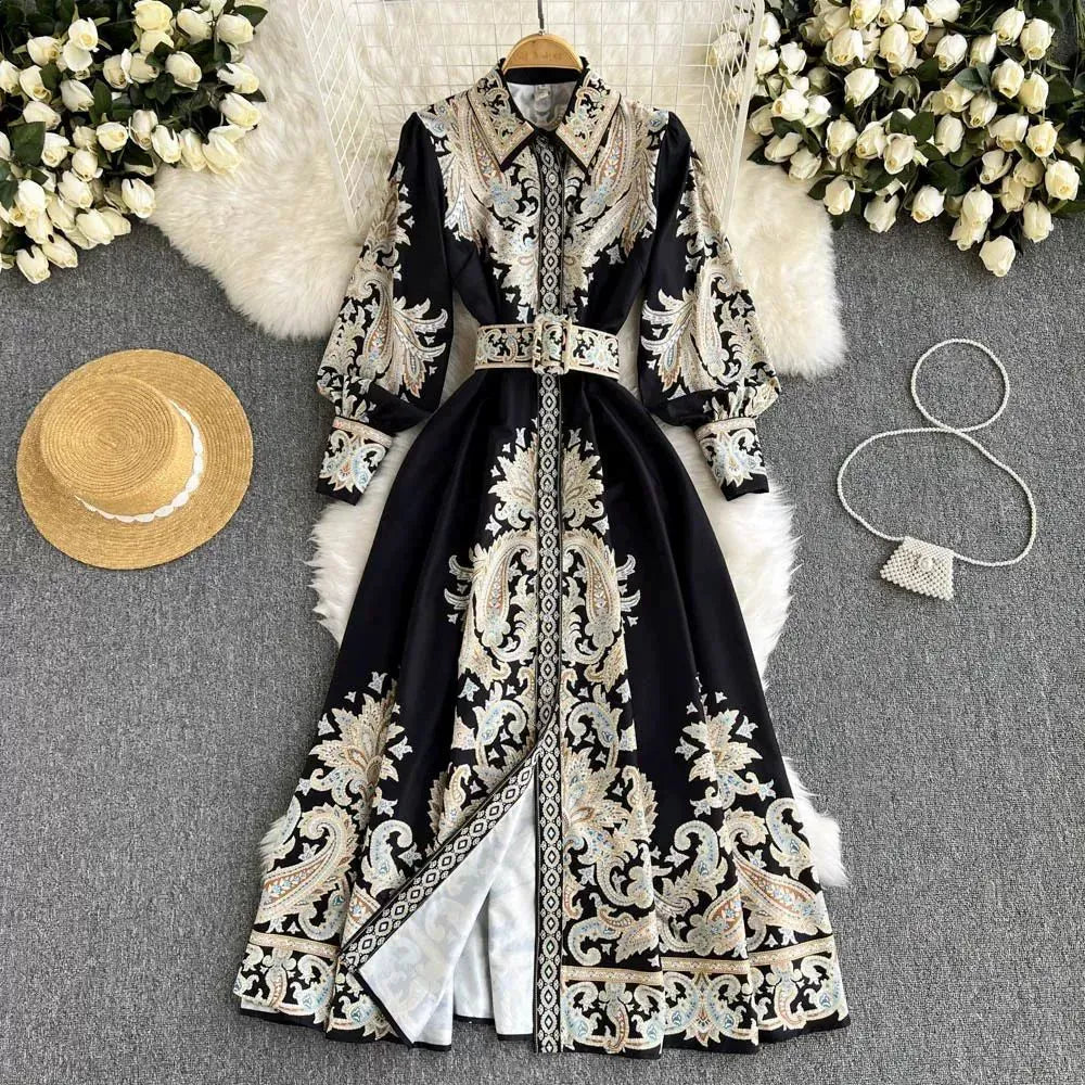 New European and American Style Fashion Retro Print Elegant High-End French-Style Waist-Defining Dress