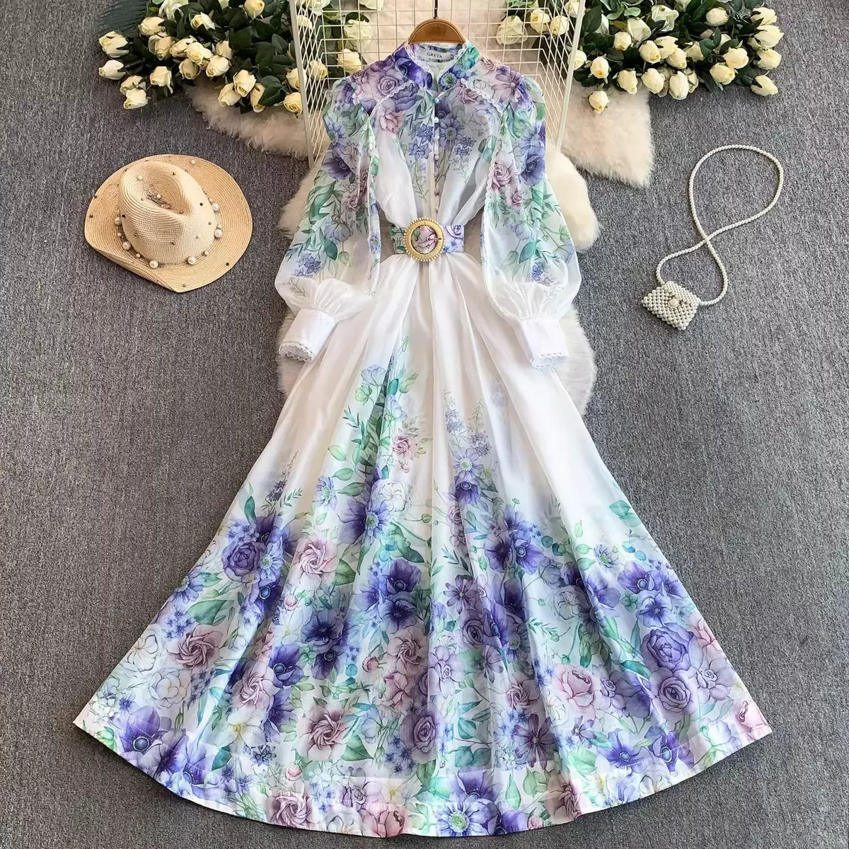 French-style resort sweet lace-trimmed stand-up collar long-sleeved dress