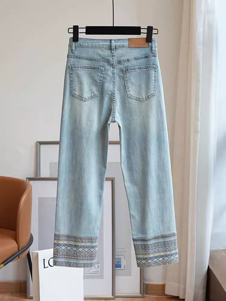New niche retro ethnic style stitching jeans women's versatile casual slim slimming cropped straight pants