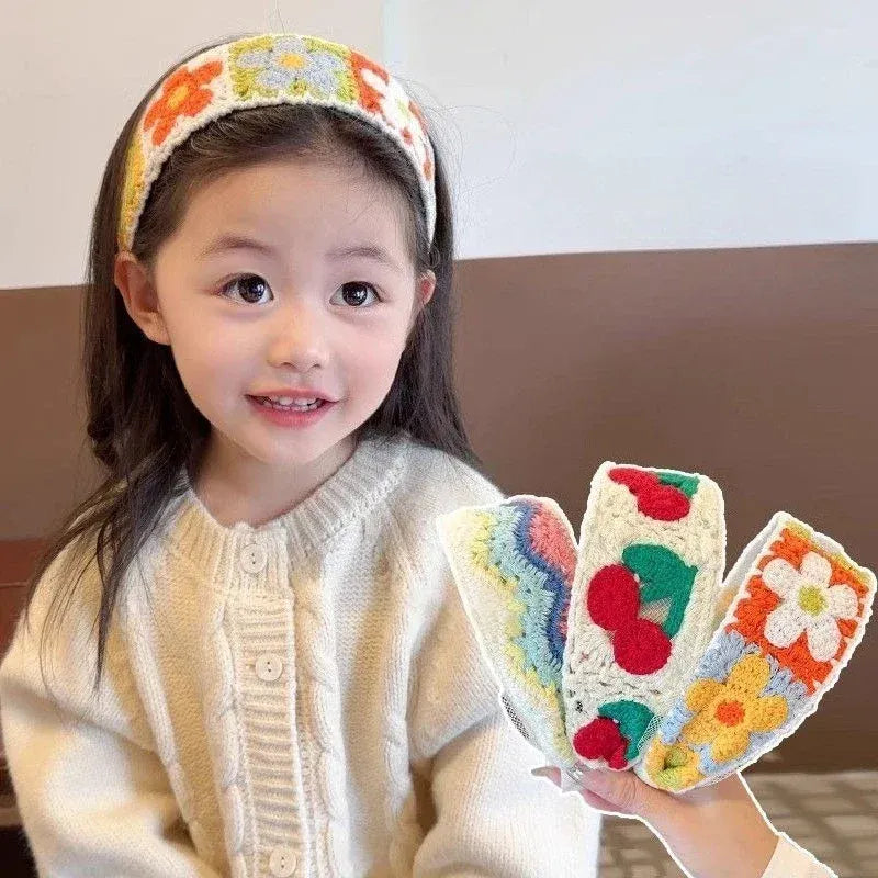Sweet Embroidery Flower Kids Hair Hoops Colorful Knit Woolen Autumn Winter Wide Hairband for Girl Headwear