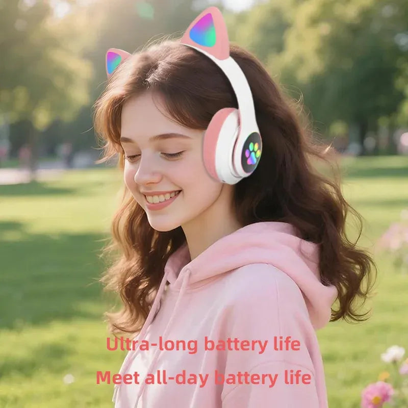 Wireless Headphone Flash Light Cute Cat Bluetooth with Mic Control LED Stereo Music Helmet Phone Bluetooth Headset Gift