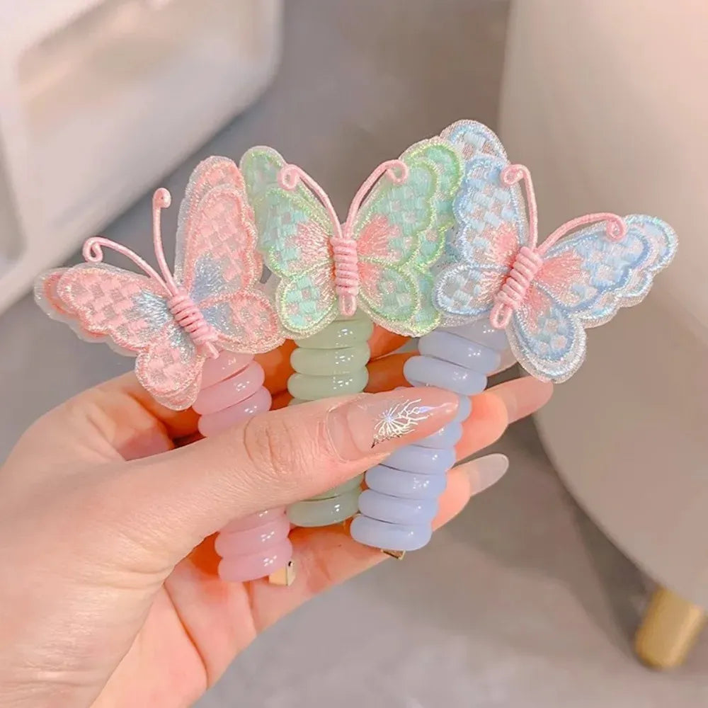 Cute Elastic Telephone Wire Line DIY Butterfly Hair Bundle Phone Cord Ponytail Holder Girls