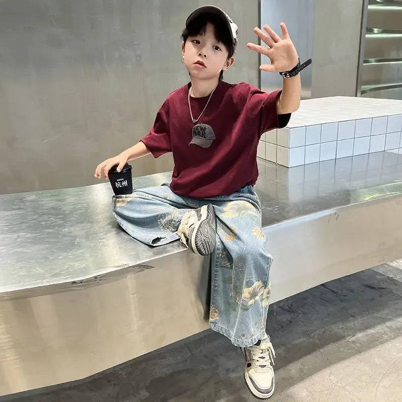 Boys' Summer Outfit Sets New Style Children's Short Sleeved T-shirt Long Pants Two-piece Suits Big Children's Stylish Sets