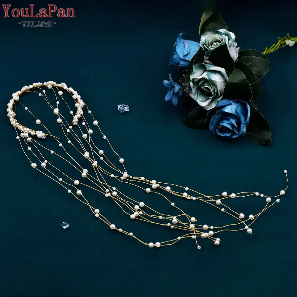 YouLaPan Pearls Tiara Wedding Headwear Handmade Beaded Tassels Headband for Bridal Woman Dress Jewelry Accessories HP610
