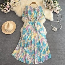 Cross-border summer gentle style short-sleeved V-neck waist-cinching A-line floral chiffon dress for beach vacation with a long skirt