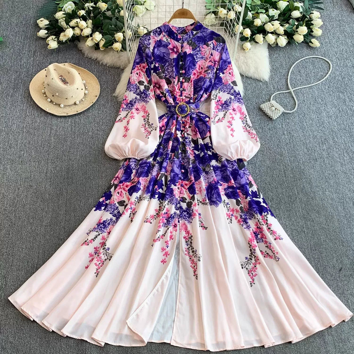 European and American court style retro print stand collar lantern sleeve dress women's spring and autumn button-down waist fitted long skirt elegant long dress