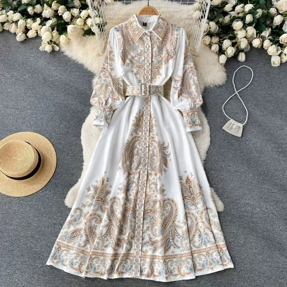 New European and American Style Fashion Retro Print Elegant High-End French-Style Waist-Defining Dress