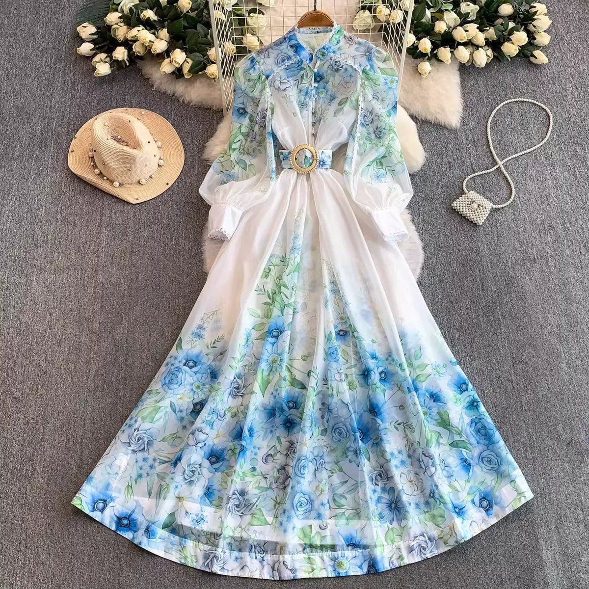 French-style resort sweet lace-trimmed stand-up collar long-sleeved dress
