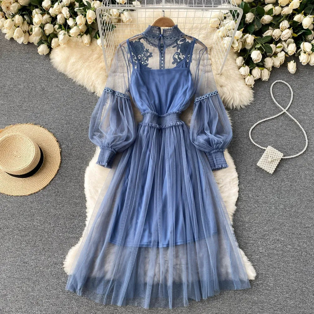 Lace floral mesh dress, elegant stand collar, lantern sleeves