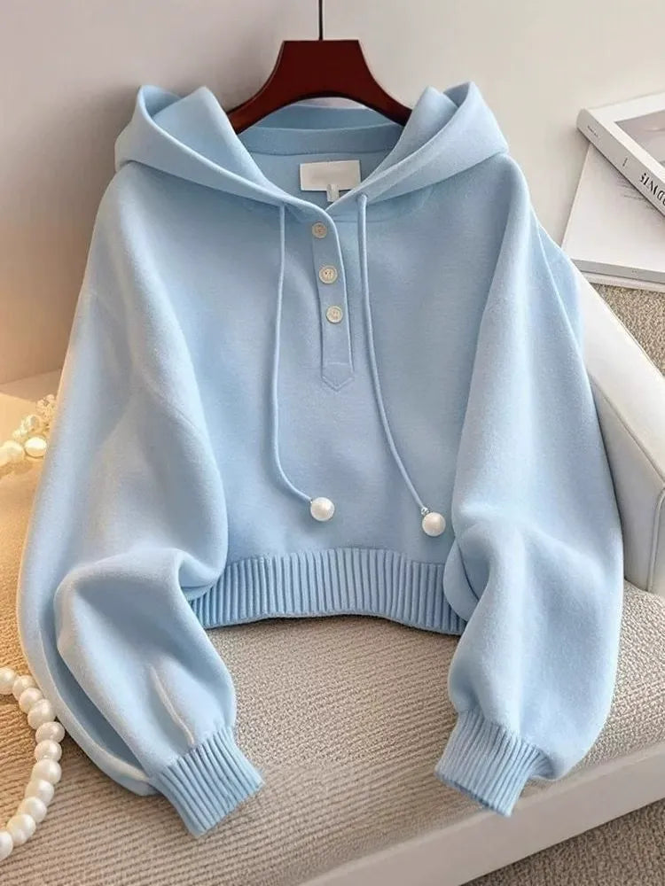 Unique and Chic Blue Hooded Drawstring Knit Sweatshirt, Autumn Korean Style, Lazy Fashion, Stylish and Comfortable Base Shirt