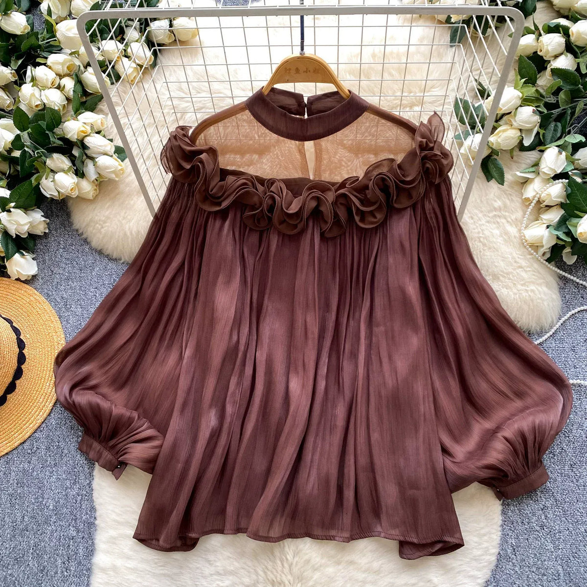 Korean style commuter-appropriate, skin-friendly, breathable ruffled blouse, women's summer long-sleeved mesh loose pink girly top