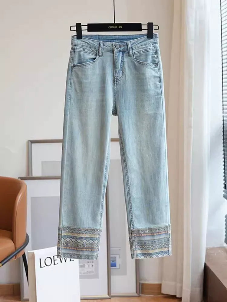 New niche retro ethnic style stitching jeans women's versatile casual slim slimming cropped straight pants
