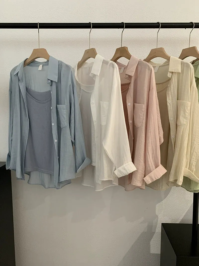 Summer thin lapel long sleeve solid color loose shirt