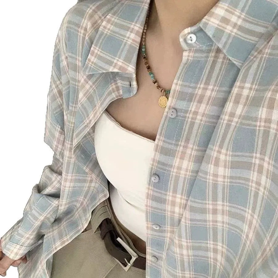 American Plaid Loose Shirt Lazy Casual Loose Long Shirt Long Sleeve Coat Tops