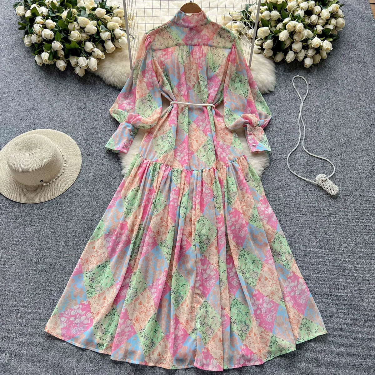 Spring/Autumn Thin Long-Sleeved Stand Collar High-End Printed Chiffon