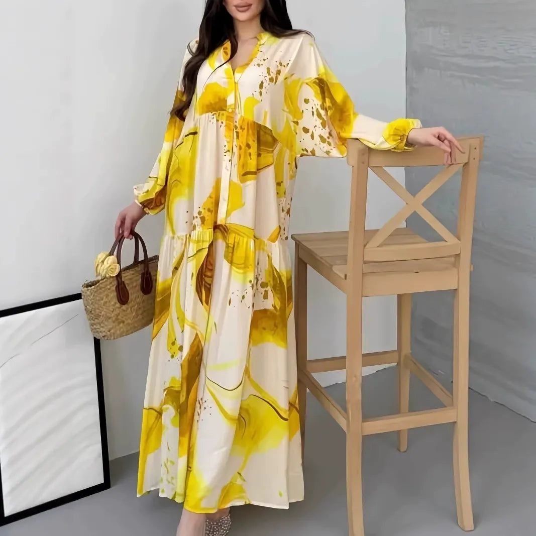 New European and American Style Amazon Independent Website Printed Dress, Loose Casual Long Sleeve Elegant V-Neck Maxi Dress for Women