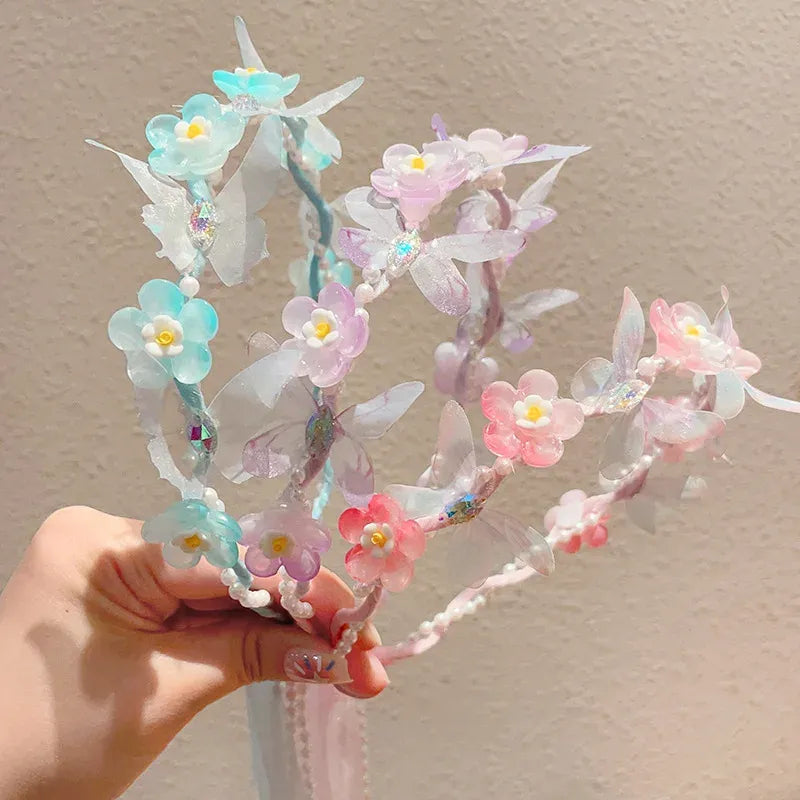 Sweet Wreath Ribbon Hair Hoops for Girl Cute Flower Butterfly Fairy Headdress Princess Braided Hair Bands