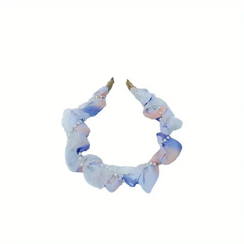 French Pearl Headband – Crinkled Fabric with Floral Print, Padded Volumizing Hairband for Women Headbands for Women