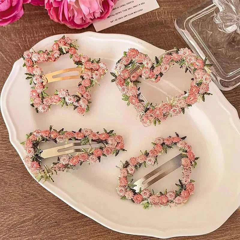 Pink Embroidered Flower Hairpin for Girls Kids Hair Clip Bangs Side Hair Accessory Barrettes
