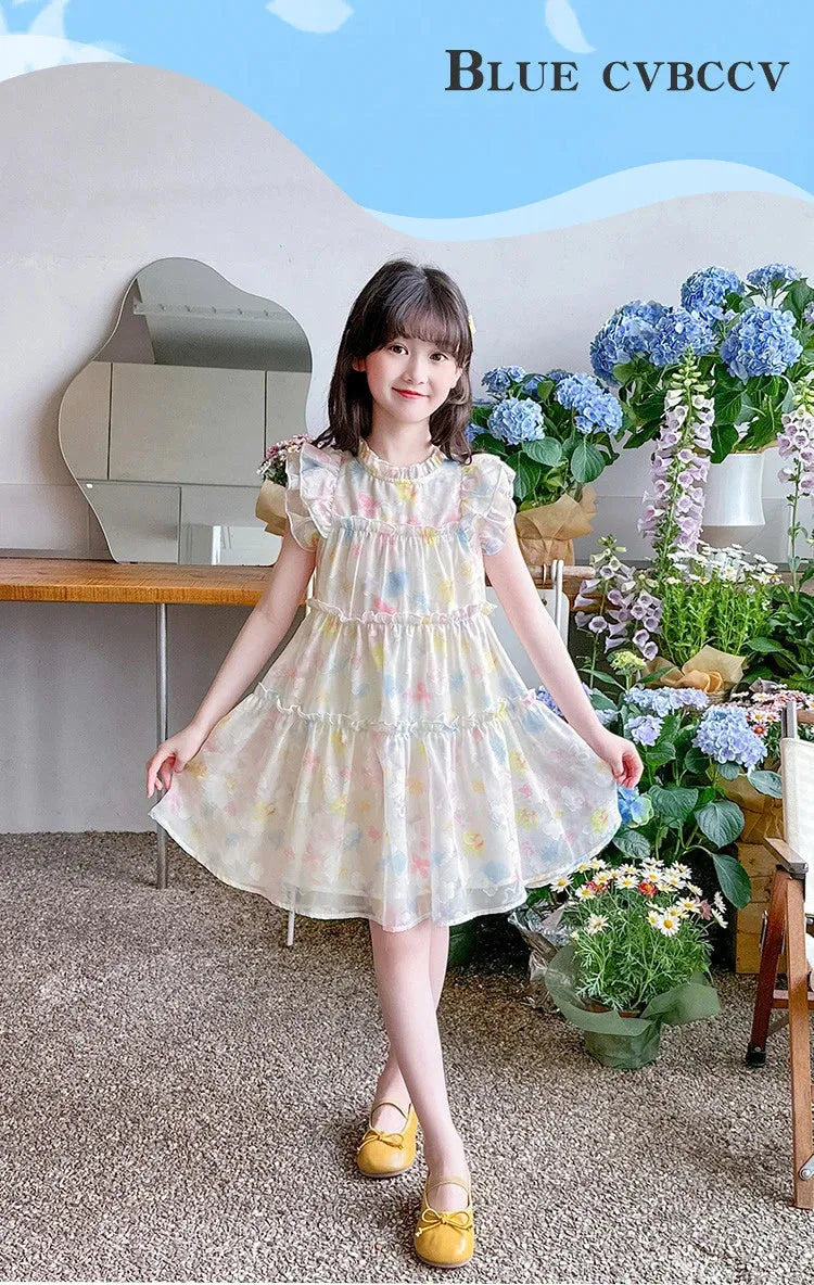 Summer girl's dress new style children's Western style floral chiffon princess dress printed baby's park play skirt