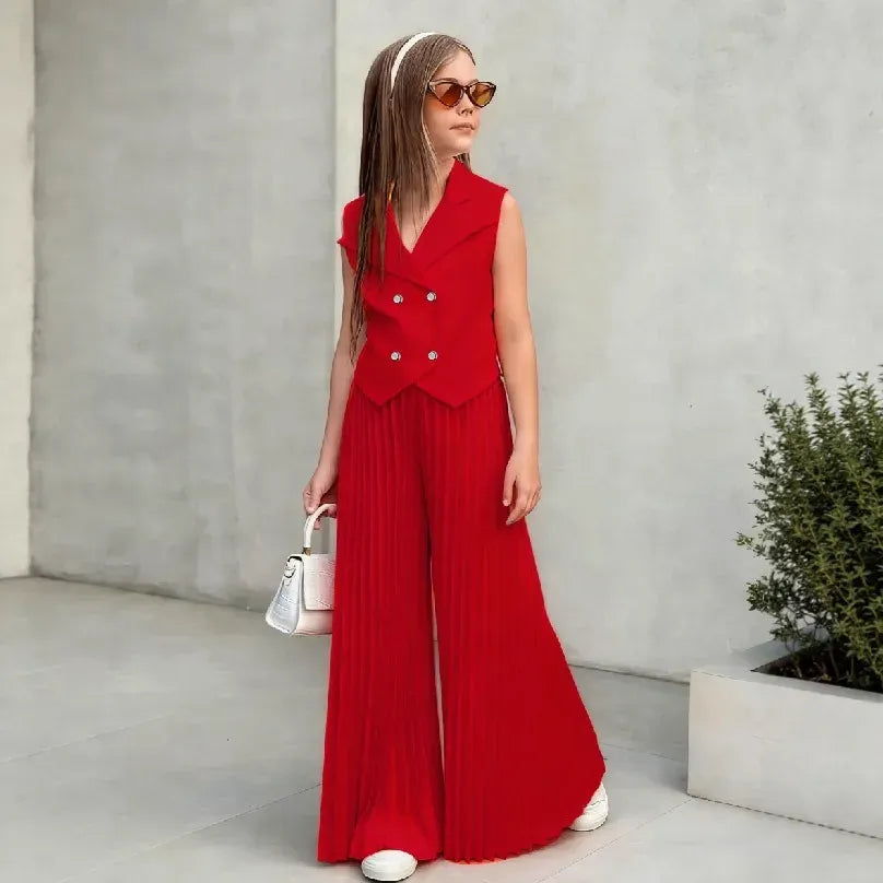 Little Girls 2-Pieces Western-Style Outfit for Girls: Sleeveless Blazer Top+Wide-Leg Pleated Pants