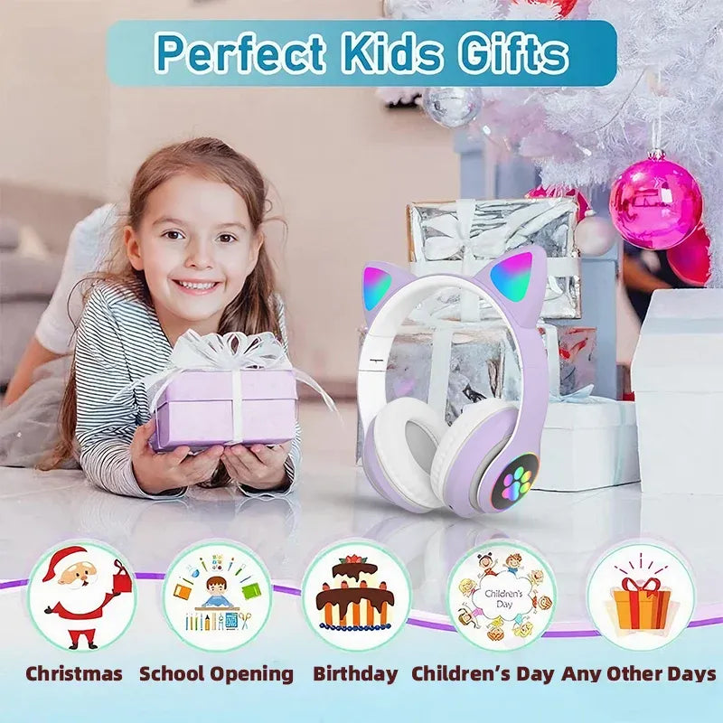 Wireless Headphone Flash Light Cute Cat Bluetooth with Mic Control LED Stereo Music Helmet Phone Bluetooth Headset Gift